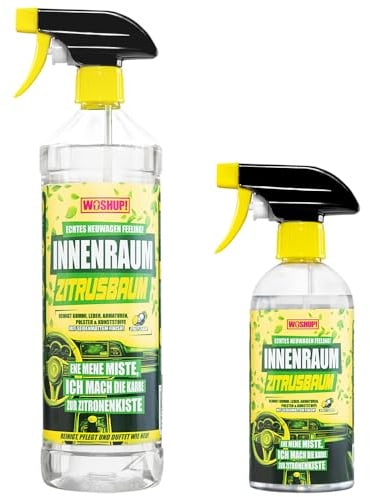 WOSHUP! Innenraumreiniger Auto -1500ml- Cockpit Reiniger für Kunststoff, Polster, Armaturen & Leder Cockpitpflege für Auto und Wohnmobil mit Tiefenreinigung - ph-neutral Zitrusduft (1 Liter + 500 ml)