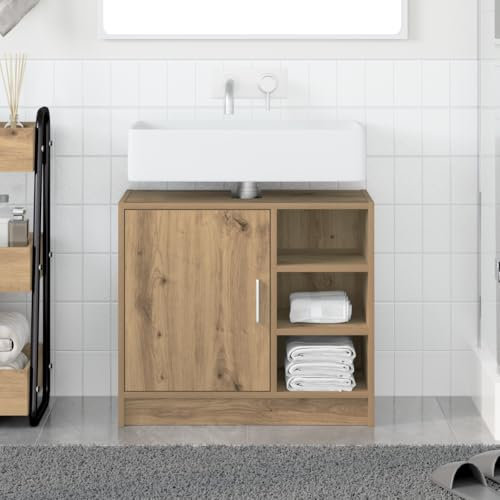 HETFTJN Armadio per Lavandino in Rovere Artigianale Legno Ingegnerizzato 63x29x55 cm Mobile Bagno Salvaspazio con 3 Ripiani Design Moderno per Bagno e Lavanderia