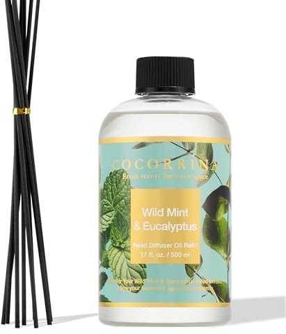 COCORRÍNA Raumduft Nachfüller 500ml mit 8 Duftstäbchen, Wild Mint & Eucalyptus, Langanhaltender Duft mit natürlichen ätherischen Ölen, für Wohnzimmer, Schlafzimmer und Badezimmer