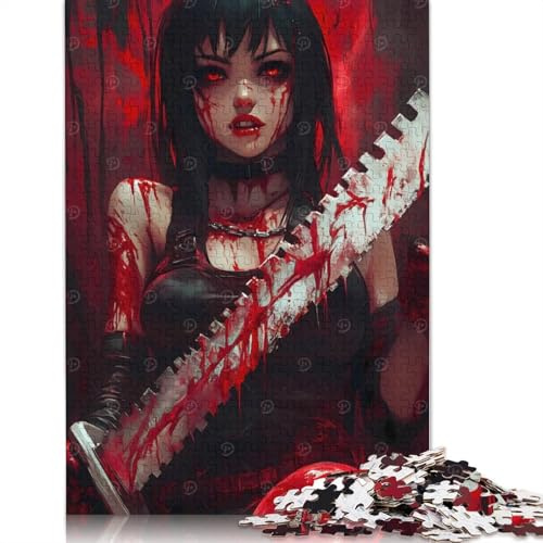 Puzzle da 1000 pezzi con ragazza anime insanguinata e motosega per adulti e adolescenti, puzzle di carta, regali per la vigilia di Natale, 1000 pezzi (75x50 cm)