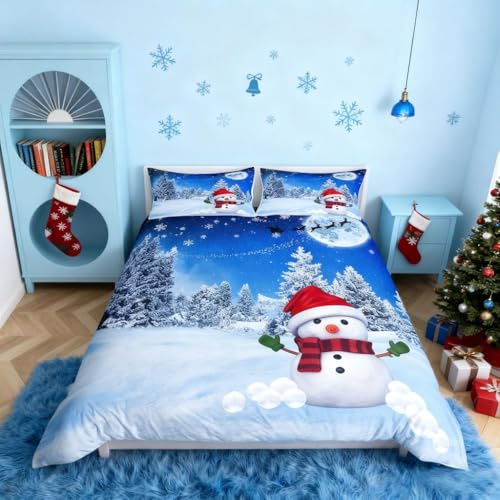 Homemissing Weihnachten Bettbezug Set Rentier Schneemann Schneeflocke umkehrbare Bettwäsche Set 135x200cm für Kinder Jungen Mädchen Weihnachtsthema Winter Dekor Bettwäsche-Set Blue, Reißverschluss