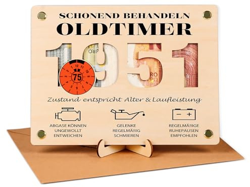 Geldgeschenk 75 Geburtstag Mann, Witzige Geldgeschenke Holz mit Umschlag | 2026 Geschenk 75 Geburtstag Mann - Schonend Behandeln 1951 Oldtimer
