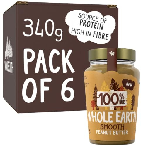 Whole Earth • 100% Smooth Peanut Butter • 6 x 340g Jars | 100% Smooth Peanut Butter • Nothing but Peanuts • High Protein • 6 x 340g Jars