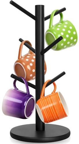 Portavasos Bambú con 6 Ganchos, Soporte Tazas Café con Base Engrosada, Copa Árbol, Estante Almacenamiento, Organizador Colgar para Encimera, Mostrador, Cocina, Oficina, Barra Cafe, Hogar (Negro)