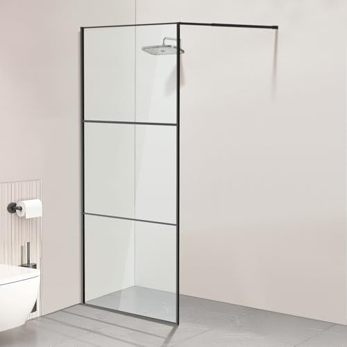 Jaxguom Box doccia Walk-In 100×200 cm Nero, vetro di sicurezza ESG da 5 mm con telaio in alluminio completo, intervallo di regolazione 0–10 mm, separazione doccia montabile a sinistra/destra