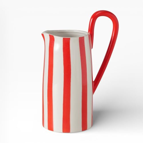 Boltze Blumenvase Londi, Vase, Saftkrug, Krug, rot-weiß gestreift bemalt, wasserfest H22,3 cm
