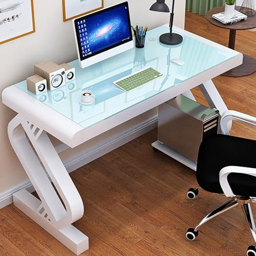 Computertisch aus Glas, Computertisch aus gehärtetem Glas, moderner Bürotisch mit Glasplatte und Z-förmigem Metallgestell, Stabiler Schreibtisch für den Homeoffice-Arbeitsplatz, Weiß, 100 cm