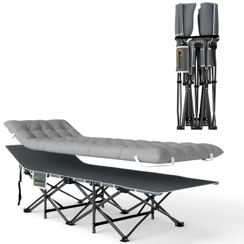 Outsunny Lit de Camping Pliable avec Matelas 185 x 68 x 37 cm Gris Clair | Lit de Camp Pliant, Pochette Latérale, Sac Intégré, Transat Chaise Longue, Métal, Tissu Oxford, Charge 150 kg, 1 Personne