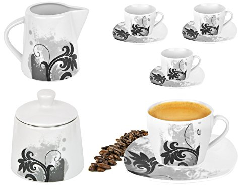 Van Well 10tlg. Kaffeeset, 4x Kaffeetasse mit 4x Untertasse + Milchkännchen & Zuckerdose weiß - Verschiedene Dekore wählbar, Dekor:Black Flower