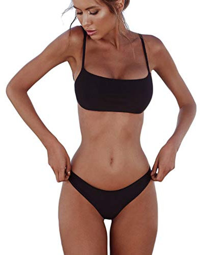 meioro Bikini Sets für Damen Push Up Tanga mit niedriger Taille Badeanzug Bikini Set Badebekleidung Beachwear (L,Schwarz)