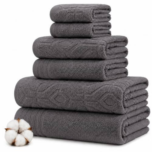 Modern Threads 6 Piece Bath Towel Set – Bathroom Towel Set with 2 Bath Towels, 2 Hand Towels & 2 Washcloths – 100% Cotton, Soft & Absorbent – Geometric (Charcoal)