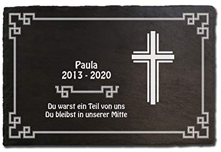 elbedruck Schiefertafel Grabplatte Gedenktafel mit Kreuz Gedenkstein Grabstein ca. 20x30cm graviert mit Wunschtext und Name, auch möglich als Klingelschild Türschild, Motiv D (ohne Bohrlöcher)
