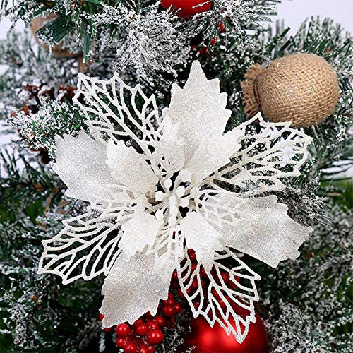 Queta 12 Stück Christmas Glitter Poinsettia Weihnachtsbaum Ornament Weihnachtsblumen künstliche Blumen Christbaumschmuck Weihnachten Hochzeit Kränze Dekoration 16cm (Weiß)