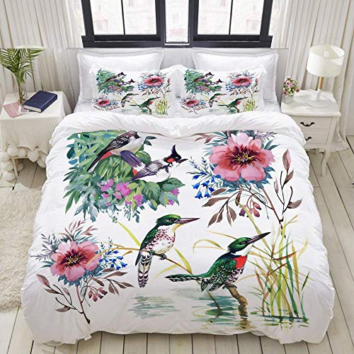 Yaoni Bettwäsche Bettbezug 3-teiliges Set - Sommer buntes Muster von Vögeln und Blumen - Dekorative Hotel Wohnheim Bettdecke mit 2 Pollow Shams