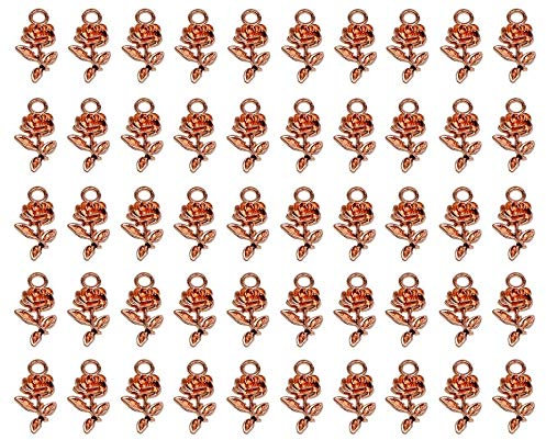 Shapenty Mini Metal Beads Rose Flower Charms Bulk for DIY Craft Keychain Necklace Pendants Bracelets Earrings Jewelry Making Findings Birthday Christmas Valentine's Gift, Rose, 50PCS (Rose Gold)