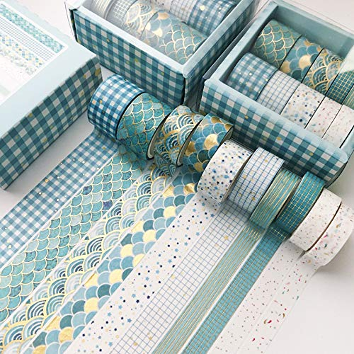 SWECOMZE Lot de 10 rouleaux de ruban adhésif décoratif Washi - Collection pour bricolage - Pour embellir les journaux, les cartes et le scrapbooking - Bleu