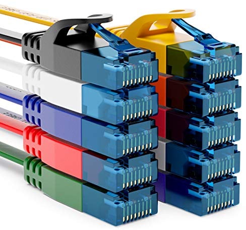 deleyCON 10x 0,25m CAT6 Câble Réseau Plat 1000 Mbit Gigabit LAN - Cat 6 RJ45 Ethernet Câble de Raccordement Câble de Pose fin Plat - pour Internet Switch Routeur Modem Panneau de Brassage - Coloré