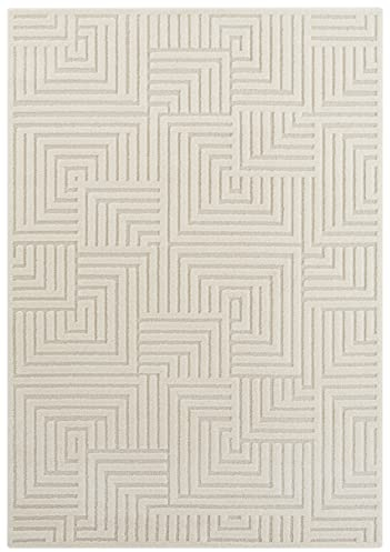 Elle Decoration Manipu Flauschiger Kurzflor Teppich Moderner Wohnzimmerteppich – Hoch Tief Effekt Weich Labyrinth Muster - für Wohnzimmer Schlafzimmer Küche oder Esszimmer Creme, 160x230cm