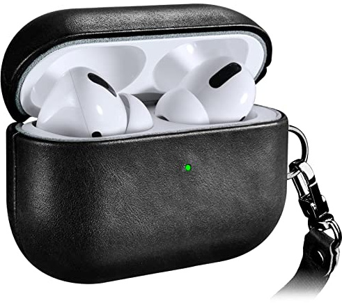 Ledertasche Hülle für AirPods Pro, ICARERSPACE Premium Echtleder Stoßfeste Schutzhülle für Apple AirPods Pro Ohrhörer Ladehülle (LED sichtbar) Unterstützt kabelloses Ladegerät Schwarz