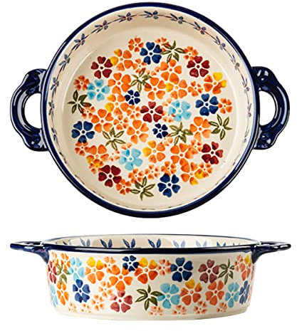 Bicuzat Colorful Cherry Blossom Flowers Vintage Style Ceramic Bakeware Dish Casserole Dish Baking Pan Lasagna Pans with Handles for Oven/Cooking/Kitchen, 1 PCS, 32 oz