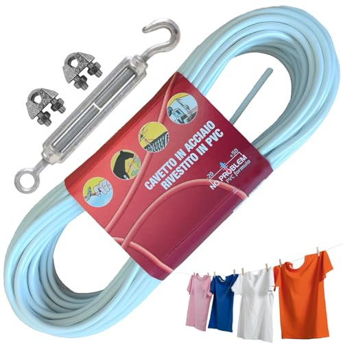 parpyon® Filo per stendere il bucato da esterno 10MT x d.4,5mm Resistente, stendibiancheria Made in Italy Cavetto in Acciaio rivestito (Filo+Kit)