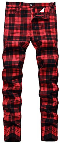 NOVOCCT Plaid Panst for Men - Skinny Mens Dress Pants - Stretch Slim Fit Business Casual Dress Chinos Pants for Men (Black Red Plaid - T2, 28)