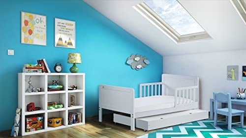 iGLOBAL Kinderbett mit Lattenrost, Schublade, belastbar bis 100 kg, B144 x T76 cm x H56,5/66,5 cm, Bett-Schublade 140 x 70 x 12,5 cm (Weiß, 140 x 70 cm + Matratze)