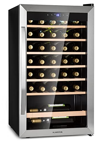 Klarstein Weinkühlschrank, Getränkekühlschrank Schmal, Kühlschrank mit Glastür, Getränkekühlschränke Freistehend, Weinkühlschrank Klein, Weinkühlschränke 1 Zone, LED-Beleuchtung, 4-18 °C, 36 Flaschen