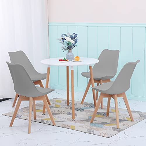 FURNITABLE Set aus Runder Esszimmertisch mit 4 Grauen Stühlen | Essgruppe 5-teilig | Esszimmergruppe für Esszimmer Küche Wohnzimmer | Weißer Esstisch