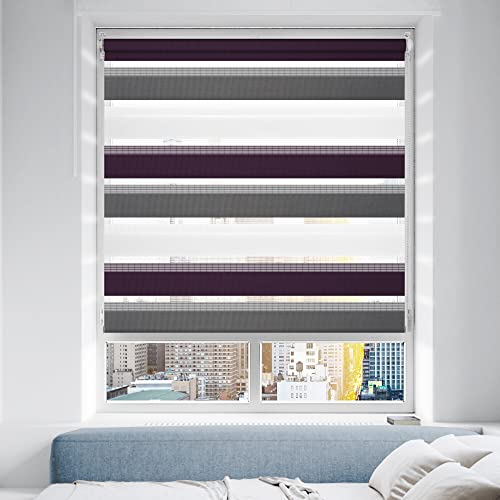 Doppelrollo Klemmfix ohne Bohren/mit Bohren, Duo Rollos für Fenster & Tür Weiß-Kohle-Lila 40x130 (BxH) Lichtdurchlässig & Verdunkelnd Klemmrollo Fensterrollo Sonnenschutz Duo Rollo