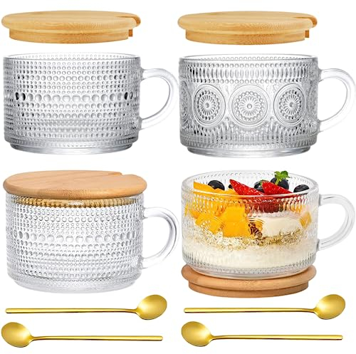 Overnight Oats - Set di 4 tazze da caffè, 400 ml, con coperchio e cucchiaio, tazza per cereali, vintage, cappuccino, tazza jumbo per tè, porridge, latte, oats