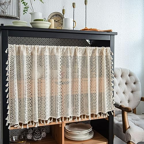 Kurze Scheibengardine Vintage Boho Vorhang Kurzgardine Bistrogardine, Spitze Häkelgardine Beige Kurzstore Gardine Mit Quasten, Landhausstil Kurzgardinen Für Küche Cafe Bad Schlafzimmer, 1 Stück