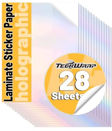 TECKWRAP Papel adhesivo holográfico transparente para laminación, patrones de vinilo laminado, 8.25 x 11.7 pulgadas, tamaño A4, 28 hojas/paquete para manualidades, álbumes de recortes, cortadores de