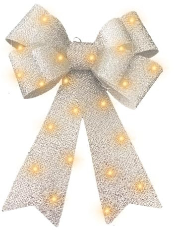 Large Bows for Christmas Tree Decoration with 30 Warm LED Lights Glitter Bow Xmas Tree Topper Christmas Bows Decorative Xmas Decor Wreath Ornament,Silver