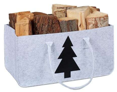 Relaxdays Felt Firewood Bag, 28l Vol, Storage Basket for Logs, Blankets, etc, Fir Tree Motif, 25x50x25cm, Grey/Black