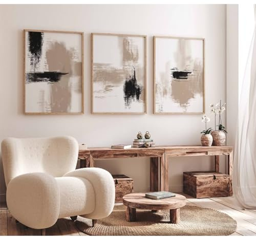 Joocrise Beige Abstrakte Wandkunst Gemälde Set von 3 neutralen Leinwand Wandkunst Drucke Schwarz Beige Moderne Wanddekoration Minimalistische Kunstbilder Abstrakte Moderne Kunstwerk für Zimmer