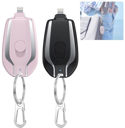 AHYXHY Mini Power Emergency Pod, 1500mAh Keychain Charger, 2-Pack (Black, Pink) for Unisex-Adults on-the-go users, Tech Style with Retractable Plug Design