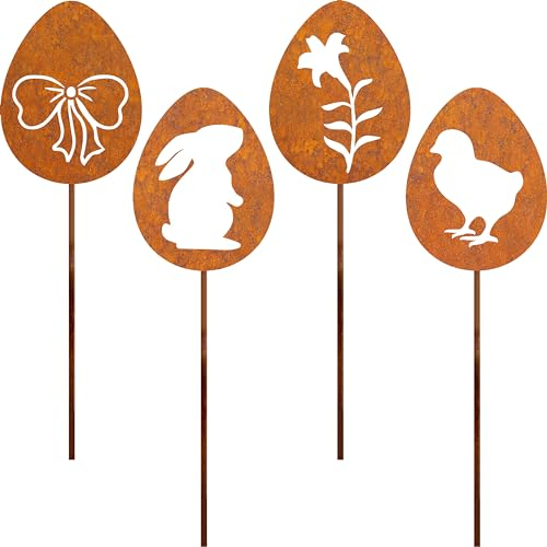 JYUECIAN Uova di Pasqua Ruggine Decorazione da Giardino Uccelli in Metallo Arrugginito Spina da Giardino