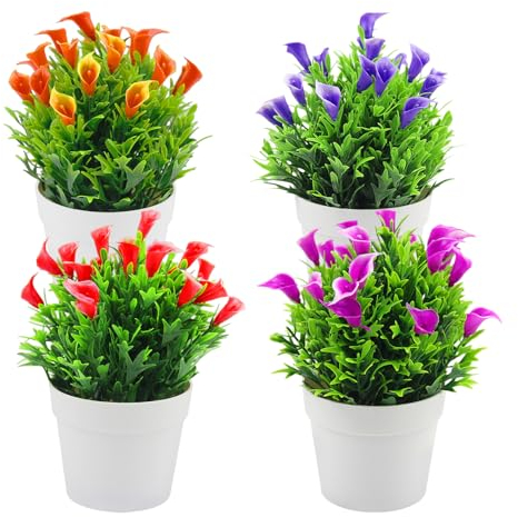 SWoob 4 Pcs Artificial Plants Outdoor Pot Calla Lily Flowers Potted Small Artificial Plants Pots for Outdoors for Decoration Home Garden Patio Wall Wedding Party Decor