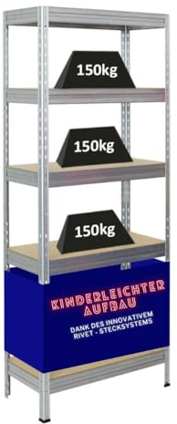 PROREGAL Schwerlastregal Rivet HxBxT 180x75x35cm Fachlast 150kg, Innovatives Stecksystem, Verzinkt, Garagenregal, Lagerregal, Steckregal, Stahl, Kellerregal
