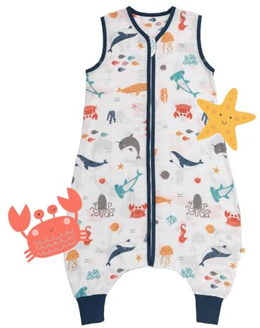 Schlummersack Baby Schlafsack Mit Füßen Sommer 0.5 Tog 100 cm | Dünn Bambus-Musselin Meerestiere | Für Körpergröße 100-110cm | Ungefüttert