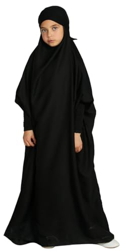 IWEMEK Mädchen Muslimische Kleid Einteiliges Kaftan Abaya Mit Hijab Satin Fledermausärmel Maxikleid Gebetskleid Jilbab Ramadan Arabische Islamisches Gebetskleidung Für Kinder Schwarz 12-13 Jahre