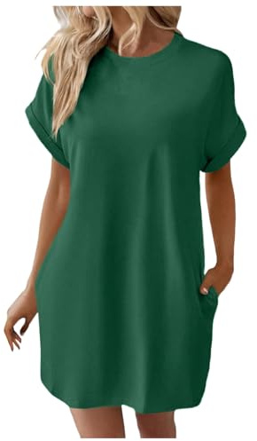 Sommerkleid Damen Knielang T-Shirt Kleid Lässiges Lockeres Blusenkleid Baumwolle Leinen Einfarbige Vintage Kleider Freizeitkleid Shirtkleid Rundhals Langes Shirt Kurzarm Tunika Kleid