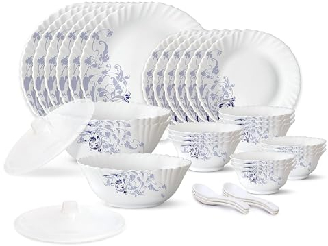 Larah by HIMANSH STORE Blue Eve Silk Series - Juego de vajilla de opalware, 35 piezas para una familia de 6 miembros, apto para microondas y lavavajillas, sin cenizas de hueso, juego de vajilla para