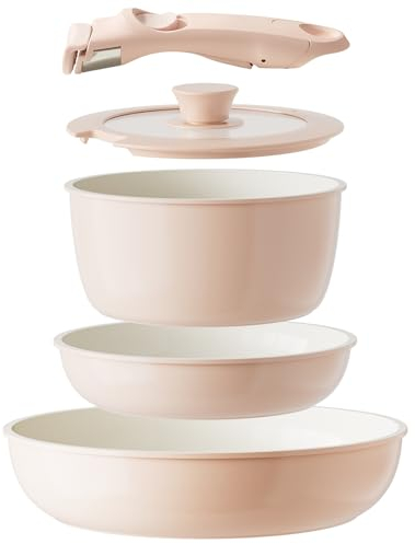 Redchef Lot de casseroles en céramique avec poignée amovible, pour camping, camping-car, casserole non toxique, sans PTFE, sans PFOA, peu encombrante, passe au lave-vaisselle, rose