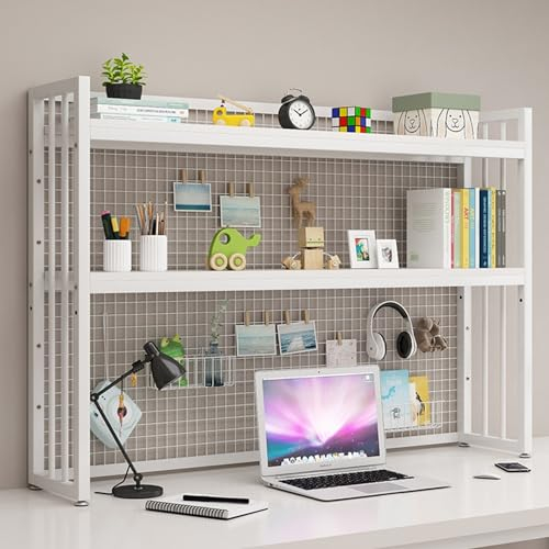 FPIGSHS Adjustable Desktop Bookshelf, 2 tier Countertop Bookcase for Computer Desk，desk hutch shelf unit,office Supplies Organizers rack And Accessories Storage Display shelves (WHITE, 135CM/53.1IN)