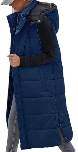 Vancavoo Women's Long Quilted Gilet Ladies Sleeveless Zip Up Hoodies Warm Jacket Vest Longline Thick Padded Waistcoat Winter Wear Side Split Puffer Long Body-Warmer Coat with Pockets(Navy,L)
