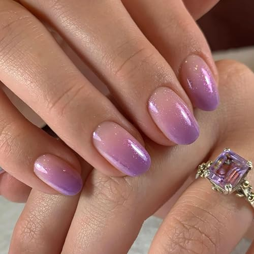 Ceboic 24Pcs Press on Nails Short Oval, Glossy Pink Purple Gradient False Nails Removable Almond Fake Nails, Full Cover Acrylic Stick on Nail with Glue Stickers for Women Girls Nail Art Accessories