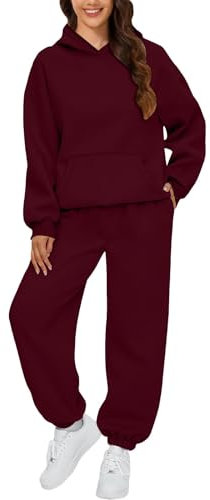 Damen Jogginganzug Set 2-Teilige 2 Stück Anzug Set Einfarbig Jogginganzug Hausanzug Langarm Langarm Top + Lang Hosen Sportkleidung Frauen Set Freizeitanzug Damen Elegant Deals(1-Wine,L)