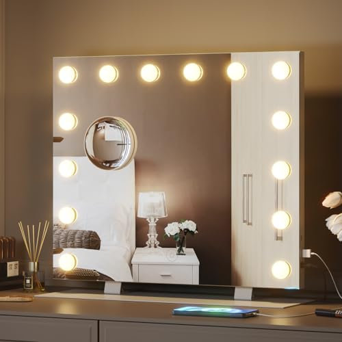 Mondeer Schminkspiegel mit Beleuchtung, 60x50cm Hollywood Spiegel mit 14 LED Dimmbar 3 Farbtemperatur Licht Lichtspeicherfunktion, USB Type C-Aufladung, Tischplatte oder Wandhalterung Schminkspiegel